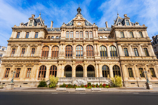 Palais de la Bourse building facade in Lyon city, France