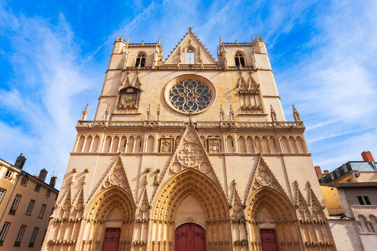 Saint Jean Baptist cathedral building facade in Lyon city, France