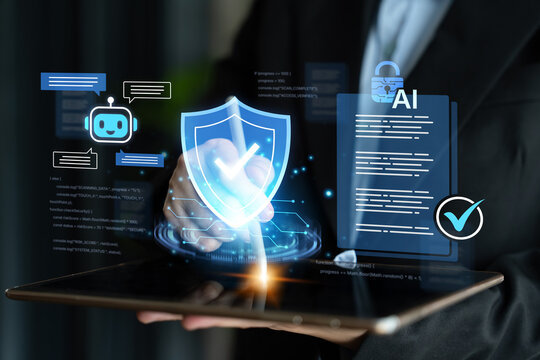 A professional illustrating modern cybersecurity with a digital shield and AI elements on a tablet, emphasizing data protection and innovative technology advances in business environments. Nascent