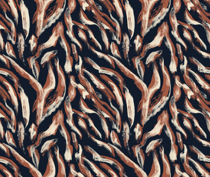Abstract brown animal skin seamless pattern with brush stroke tiger texture. Hand drawn wild zebra stripe print for fashion apparel, activewear, and modern textile design.
