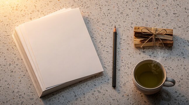 Blank white paper, a dark graphite pencil, a steaming mug of green tea, and aromatic wooden sticks are neatly arranged on a speckled tabletop.