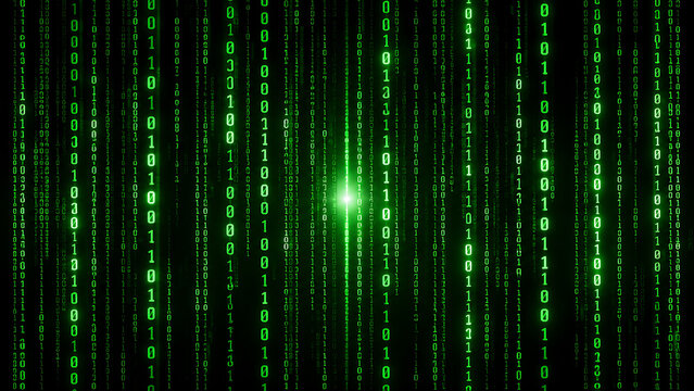 Abstract futuristic digital data stream with glowing green code lines on black background