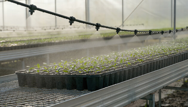 Seedlings in trays are being misted with water inside a greenhouse for optimal growth and hydration.