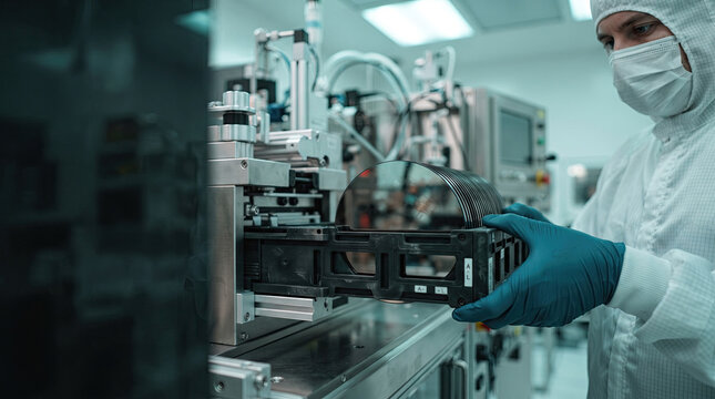 Cleanroom worker handling silicon wafer cassette in fab facility