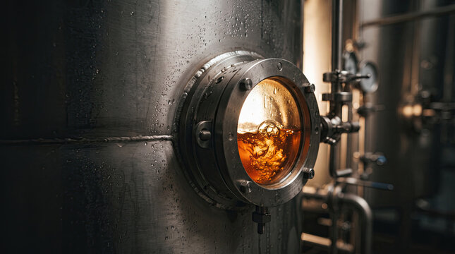 Industrial stainless steel tank with glowing liquid sight glass