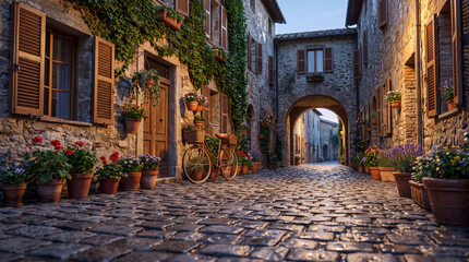 Fototapeta premium Charming old stone village street with cobblestone lane, wooden shutters, potted flowers, vintage bicycle, and warm evening light beneath an archway