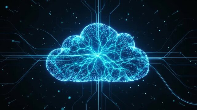 Futuristic digital cloud with glowing neural network
