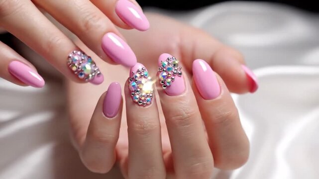 Glamorous pink manicure hands display almond shaped glossy nails decorated with colorful rhinestones on white satin. Detailed nail art gives elegant beauty styling cheerful, celebratory mood.