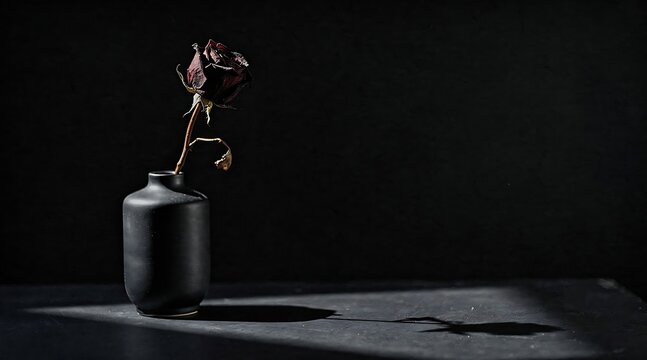 Dried red rose in a matte black ceramic vase stands on a dark surface under dramatic low key lighting, casting a long shadow against a solid black background.