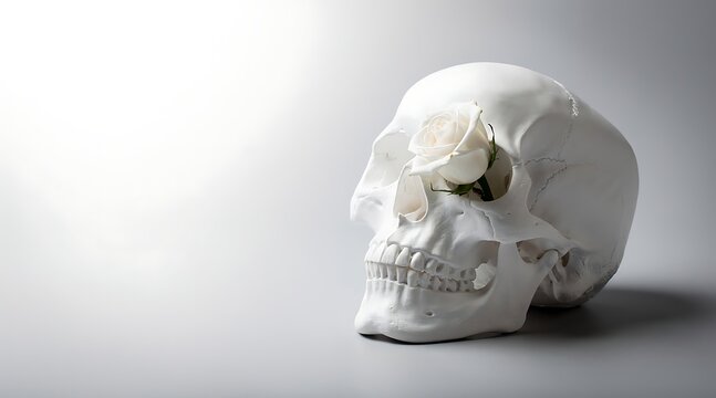 White human skull sculpture adorned with blooming white roses inside its eye socket rests on a smooth grey surface in studio lighting.