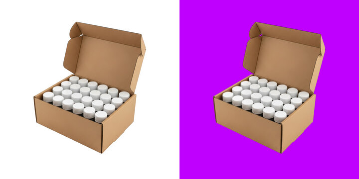Open cardboard box with rows of small plastic bottles