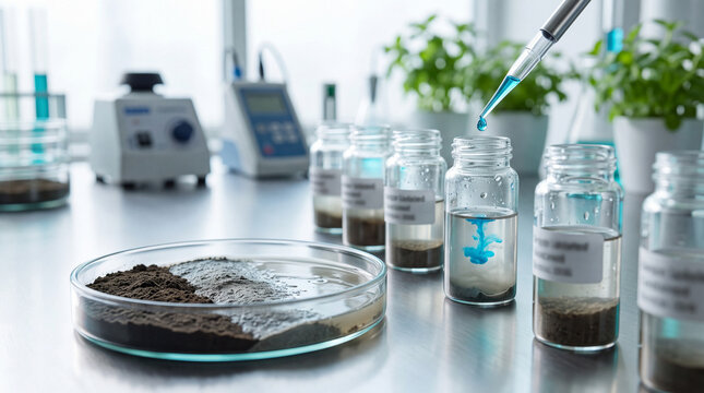 Laboratory soil analysis with glass jars, pipette, and blue solution for environmental research, contamination testing, and scientific experiment