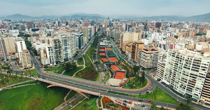 Aerial View of Miraflores Cityscape and Tennis Courts in Lima Peru