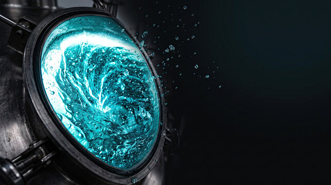 Dynamic teal fluid sloshing inside inspection window.