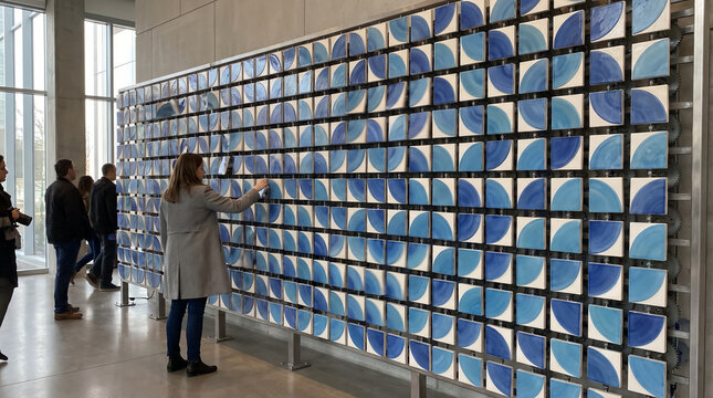 People Interact with Kinetic Ceramic Tile Wall Art Installation in Modern Gallery. Concept of quarter, circle, rotate, continuous, wave, paths, interactive art, kinetic sculpture.