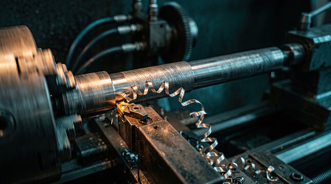 Metalworking lathe machine cutting cylindrical steel rod with shavings