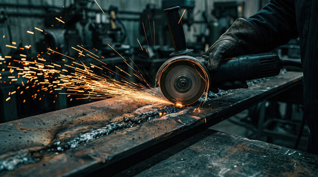 Welder grinding metal steel plate with angle grinder creating sparks