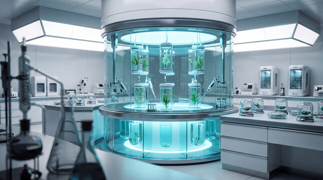 Futuristic biotechnology laboratory with illuminated glass bioreactor cultivating plants in sterile tissue culture containers and research equipment