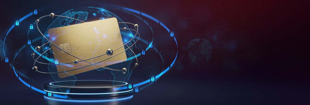 Cyber Security 3D Background Featuring Floating Gold Credit Card, Digital Globe, Padlock Icons, Neon Orbital Rings Above Podium, and Copy Space for Global Banking Web Banner Header