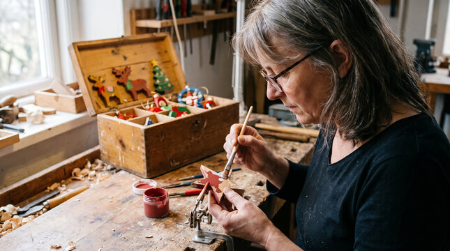 Senior woman artisan painting and restoring wooden christmas holiday ornament in workshop. Concept of chipped, wood carving, wood restoration.
