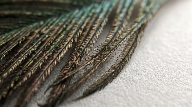 Macro view of iridescent peacock feather barbs showing intricate natural structure on textured paper. Concept of barbules, individual, enlarged, connect, feather texture, feather detail. Copy space.