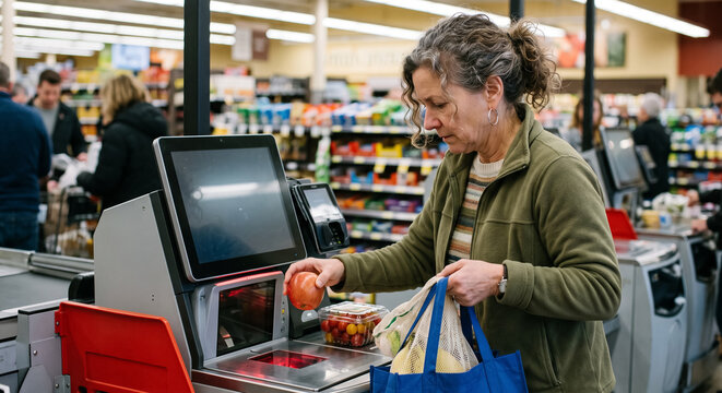 Woman scanning groceries at self checkout terminal in modern supermarket retail store. Concept of commerce, customer, woman shopping.