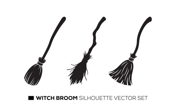 Witch broom silhouette vector set for Helloween magic party graphic decoration.