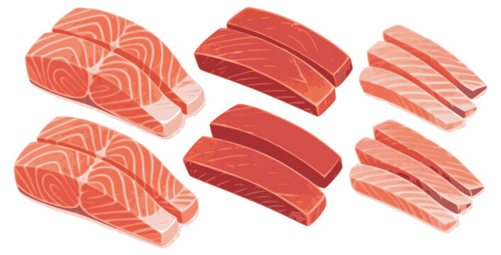 Salmon slices. Red fish pieces. Raw trout strips. Healthy salty fat food. Japanese ingredient. Vitamin nutrition. Textured flat illustration isolated on white background.