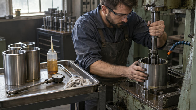 Machinist honing metal cylinder liner with industrial precision machine tool in factory workshop. Concept of bore, abrasive, lubricant, cylinder bore, metalworking, machining, metal finishing.