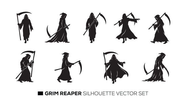 Helloween grim reaper silhouette vector set with scythe for dark fantasy graphic.