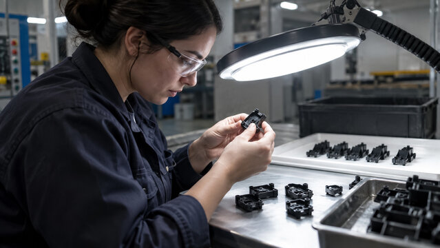 Female factory worker inspecting injection molded plastic components under bright lamp on manufacturing production line. Concept of flash, accepted, quality control, inspection.
