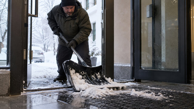 Caretaker shoveling snow from building entrance doorway during cold winter blizzard. Concept of pushes, snow removal, winter maintenance, janitor, cleaning entrance.