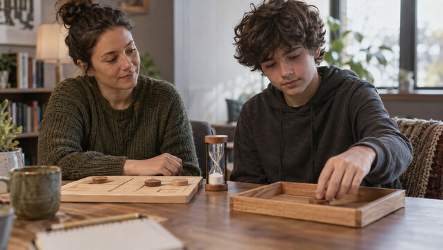 Teenage boy playing wooden board game with mother during therapy session at home. Concept of psychology, behavior, attention, family therapy, adolescent, hourglass, mother and son, mental health.