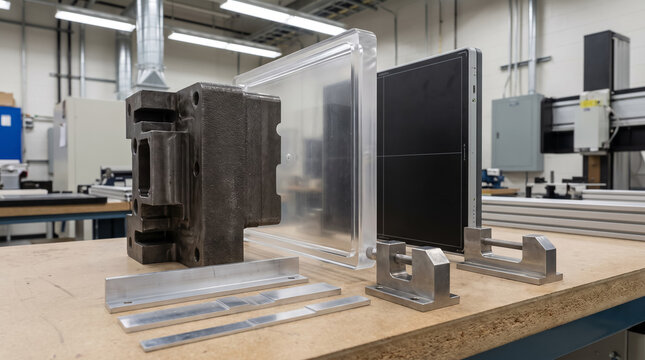 Radiography detector mounted with aluminum fixture and transparent plate on workbench in industrial laboratory. Concept of digital radiography, non destructive testing.