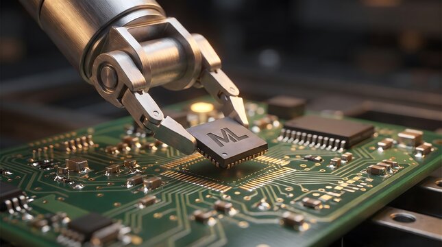 Metallic robotic arm precisely places machine learning processor onto complex green computer circuit board electronic component