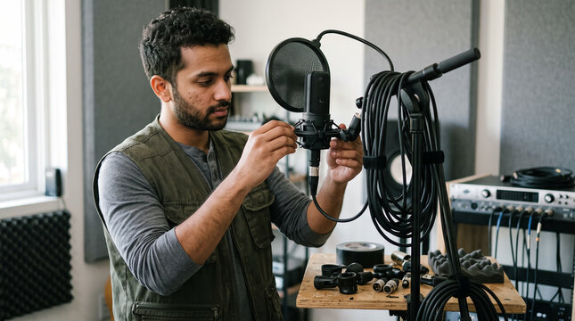Male audio engineer adjusting condenser microphone on shock mount in recording studio. Concept of pop, pop filter, sound recording.