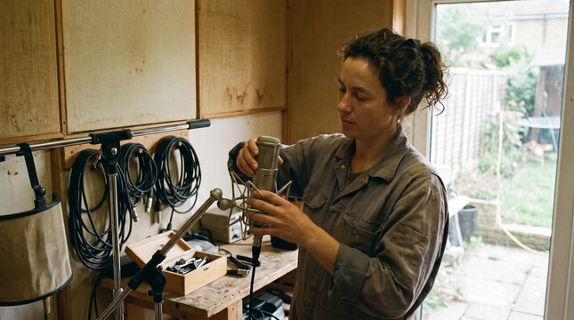 Woman sound engineer setting up vintage microphone on shock mount in home recording studio. Concept of pop, audio, audio equipment, studio setup, music producer.