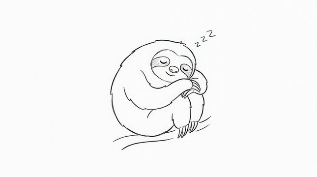 Cute sloth sitting in a rounded curled pose, minimalist black ink line drawing on white background, sleepy facial expression, simple hand-drawn contours, playful children&rsquo;s illustration aesthetic,