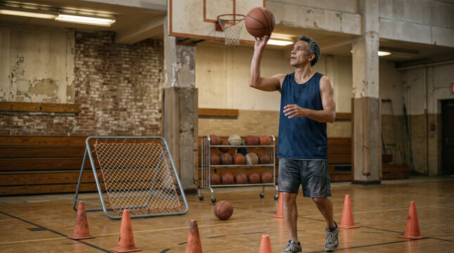 Mature man practicing basketball drills shooting ball in indoor gym. Concept of sport, training, repeats, rebound, basketball player, sports training, basketball court.