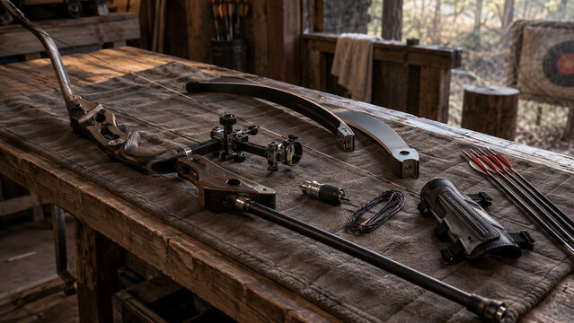 Professional archery equipment recurve bow parts arrows and sight laid on wooden table. Concept of sports, limbs, stabilizer.