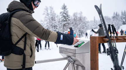 Fototapeta premium Skier Scanning Contactless Ski Pass at Turnstile Gate Before Winter Slope Admission. Concept of ticketing, presents, rider, ski resort, rfid card.