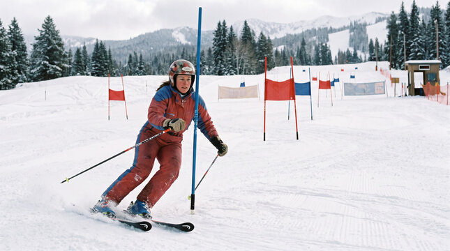 Female skier racing down snowy slope through slalom gates on mountain resort course. Concept of zigzagging, tracks, alpine skiing, ski slope, winter sport, ski racer. Copy space.