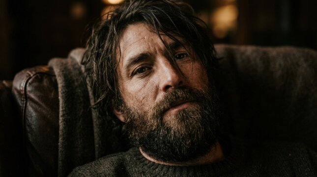 Rugged bearded man with tousled hair reclining in warm directional light, cinematic close-up portrait photography, face filling the frame, deep brown shadows, realistic skin and beard detail, intimate
