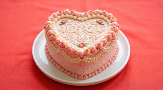 Heart-shaped frosted celebration cake on a small white plate against a vivid coral-red background, playful commercial food photography, fluffy pale pink icing, piped cream border, tiny decorative