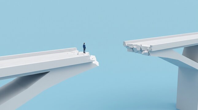 A small businessman standing at the edge of a broken bridge looking at the gap in a blue conceptual space