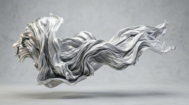 Floating silver-white fabric form unfolding horizontally like a weightless sheet caught in wind, high-end CGI, complex crumpled folds, soft metallic sheen, pale gray background, cinematic side