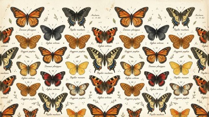 Obraz premium Vintage butterfly collection arranged across a cream background, hand-painted illustration featuring monarch-orange, charcoal black, warm yellow and red wings, naturalistic details, small scattered