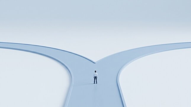 A businessman standing at a fork in the road making a difficult choice between two different life paths forward
