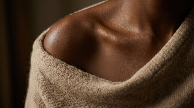 Intimate cropped editorial close-up of warm brown skin and soft beige fabric, sensual tactile composition without explicit detail, glossy highlights, rich caramel and chocolate palette, shallow focus,
