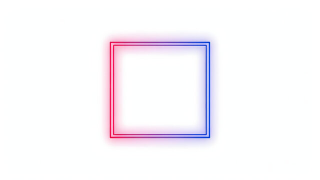A glowing neon square frame with a gradient transition from vibrant red on the left side to deep blue on the right side on white background